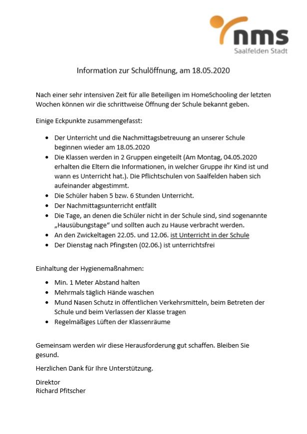 information zur schulöffnung